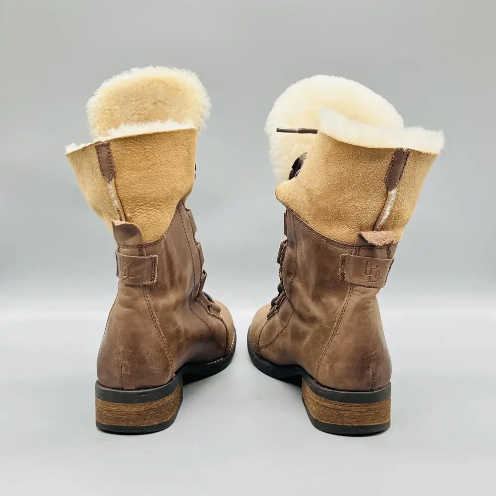 Luxe De León Boots Womens 6.5 Brown Leather Shearling Lace Up Mid Calf Shoes